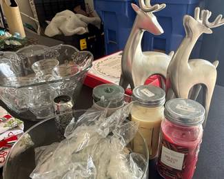 Set of Two Silver-Tone Reindeer Figurines, Glass Punch Bowl Set, and Scented Candles