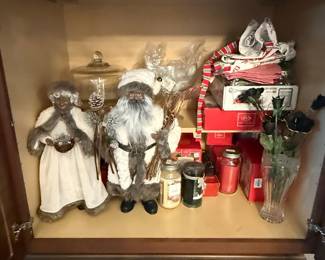 Vintage Black Santa and Mrs. Claus Figurines with Christmas Decor