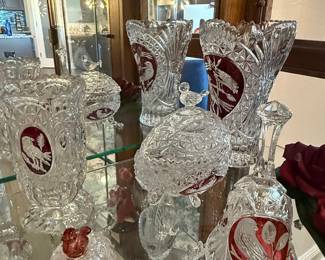 Hofbauer Byrdes Collection Ruby Crystal Vases and Lidded Dish