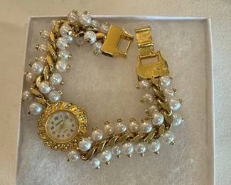 Shannons Quartz Women's Bracelet Watch with Faux Pearls and Rhinestones