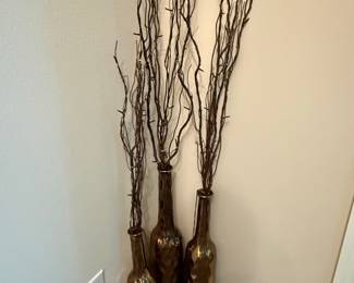Set of 3 Hammered Bronze Finish Vases with Curly Willow Branches
