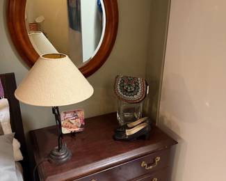 Vintage 3-drawer mahogany bachelor's chest, brass batwing hardware, small visible scratches to the front corners, $500