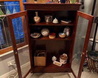 Vintage Stained Glass Window Display Cabinet | Approx. 66 inches tall x 36 inches wide x 16 inches deep. | $495