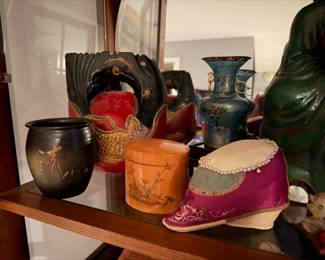 Textured, matte black glaze stoneware vase featuring stylized Japanese kanji and abstract line art and dual-toned finish $75 | Japanese Mokugyo Lacquered Bell, Buddhist Temple Bell $142 | Bamboo Cylinder Box China Tea Canister/Caddy Circa 1960's $38 |  Blue Chinese Pique de Jour Vase with Gilt Fittings Early 20th c. $181  |  Magenta 19th century Chinese lotus shoe, a historic collectible item worn by women with bound feet $90  