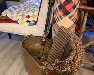 Antique Copper Oval Boiler / Wash Tub $200 |  Hand-Carved Folk Art Walking Stick / Cane $250 | Brown Tasseled Throw $60 