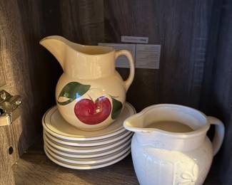 Vintage Apple Pitcher by Watt Pottery, Red Apple and three leaves, before 1950s, #16, 36 oz. $42 |   Set of 6 Plate Stack minimalist design $38 |  Vintage 3 3/4" Cream Colored Pitcher Creamer w/ Daisy 8 oz Stoneware Pottery $28 