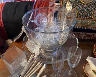 Mid-century Glass Punch Bowl with Cups  $110 |  7 vintage silver-plated $45  flatware knives , likely manufactured by William Rogers & Son