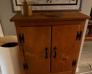 Antique wooden cabinets with black iron hardware, Approx. Height: 42 to 46 inches (roughly 3.5 to 4 feet tall). Width: 24 to 28 inches. Depth: 12 to 16 inches $400