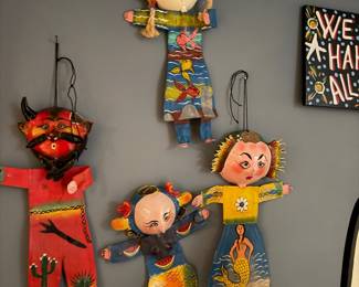 Mexican folk art coconut dolls, one-of-a-kind work of art, typically handcrafted in regions like Guerrero, Mexico, hand-painted,  folk characters, including mermaids (Sirenas), devils (Diablos), and traditional dancers. $60.00 each 