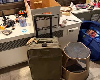 Briggs & Riley Baseline Essential Carry-On Expandable Spinner suitcase in olive. $160 | Brown & Black Step stool $35