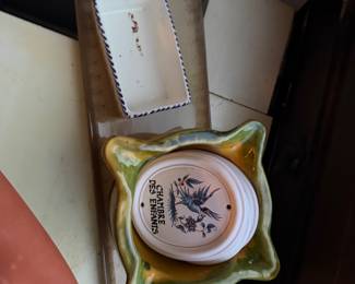 Rectangular Tray: ceramic glazed tray designed to hold small items $40.00 | Green and Yellow ceramic ashtray $25  