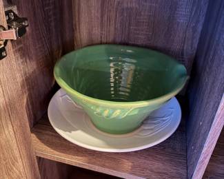 White Ceramic Plate $25 , Wide Teal Green Ceramic glazed bowl $35