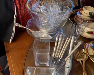 Mid-century Glass Punch Bowl with Cups  $110 |  7 vintage silver-plated $45  flatware knives , likely manufactured by William Rogers & Son