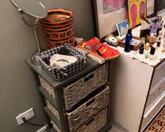 Red Patterned hand-woven tall cylinder Basket $50, Safavieh Halle 3-Basket Storage Side Table  $160,  Pedestal Vanity Mirror $30 