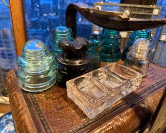 Lot Of 7 Vintage Glass Insulators Blue, Clear, Black, $164  | Early American Pattern Glass (EAPG) 3-part pin tray $38.00