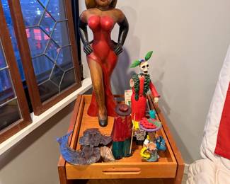 Vintage-Style Collectible chalkware figurine in red dress, blonde hair, black gloves and black heels, inspired by characters Betty Boop & Jessica Rabbit,  Approx. 18"-22" tall. Price:$200