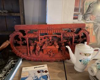 Vintage Chinese red-carved wood panel depicting a traditional architectural scene $225 