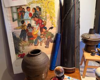 Large Brown Ceramic Vase heavy, wheel-thrown ceramic vessel with a dark brown glaze and teal base pieces $280, visible crack at the bottom, Black & Brow Guzheng, alsknown as a Chinese zither, which is a traditional Chinese plucked string instrument $600  