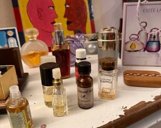 Collectible Vintage Sample sized Fragrances and beauty product items including full, partial, and decorative empty bottles with original boxes or vanity displays,  Hermès Equipage $40,  Red bottle w/ gold trim Fragrance: Rouge Hermès (Vintage Original Formula) $185 .Estée Lauder (Precious Collections) $50, Lancôme Magie Noire $50, Luxury Atomizers/Empty Decor $40 each 