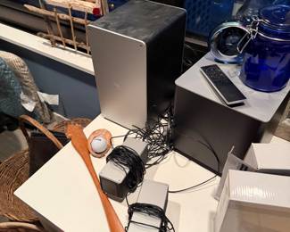 VIZIO 5.1 SmartCast Sound Bar System, Wireless Subwoofer: The large, vertical rectangular unit with a silver front and black sides, Satellite Speakers: Two smaller, rectangular rear surround speakers, Remote Control: slim, handheld,  $220, untested 