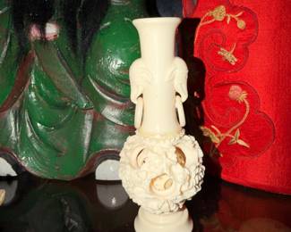 Intricate Asian Puzzle Ball Bud Vase Elephants Flowers $90