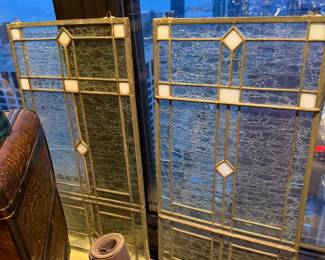 20th century Prairie Style granite stained glass, Frank Lloyd Wright influenced, 2 pieces. Left piece 1 horizontal crack approx. 2"wide , On the right piece 4 small cracks less than 1" wide Price: $550 set
