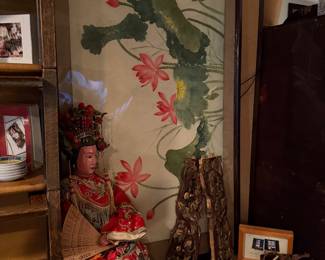 Chinese Opera doll, hand-crafted embroidered silk costumes collectible item $300 |  Traditional Chinese Yixing clay tea set, commonly used for Gongfu tea brewing $48 set | Antique 1900s Chinese Hand Carved Wood Wall Panels 2 for $150, Chinese Lotus Painting in Black frame $280  | 