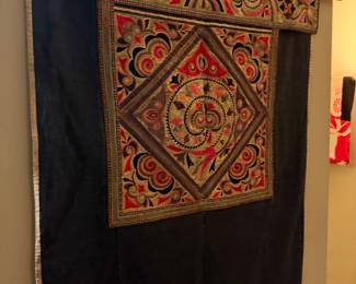 Miao Embroidery wall hanging, a traditional folk art originating from the Hmong/Miao people of Southwestern China (primarily Guizhou province). The embroidery showcases traditional geometric and zoomorphic symbols, $120 