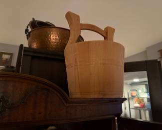 Traditional Wooden Sauna / Water Bucket  Solid wood bucket with curved handle, crafted in a classic Scandinavian natural wood grain $85 