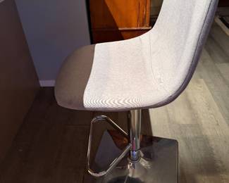Modern Adjustable Grey Upholstered Bar Stool, grey linen fabric, 360° Swivel, Hydraulic Lift Square Base  $250
