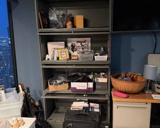 Gray vintage industrial barrister bookcase, 4-tier model with receding doors $900 