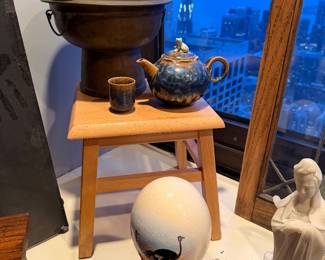 Chinese Charcoal Hot Pot (Shabu Shabu pan) $150, Hand-Painted Ostrich Egg (On Stand) $95, Blue Drip-Glaze Teapot and singular cup $60, White Stone Statue (Guan Yin) $125, Wood Stool like new condition $40 