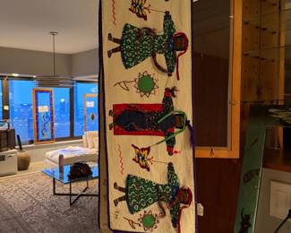 Vintage Guatemalan Mayan Folk Art Wall Hanging A colorful, handcrafted textile banner featuring intricate appliqué and embroidery on a woven cotton base $185