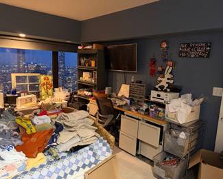 Custom workstation desk, thick solid wood butcher block countertop sitting on 6-drawer metal file cabinet, Approx. 72"-96" long, Total Price $800 