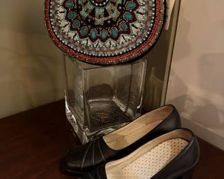 Mary Frances "Girl Tribe" beaded crossbody handbag features a Western-inspired mosaic motif with turquoise-colored gemstones $288,  Vintage black leather block heel, with floral toe accent, Sturdy heel Approx. 2"  $90