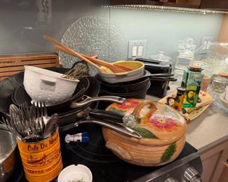 Silverware Bundle $40 | Woks & Skillet Bundle $150 | Floral Stoneware Au Gratin Baking Dish $60 | Pots Bundle $125 | Cutting Board $45 | White Strainer $20 