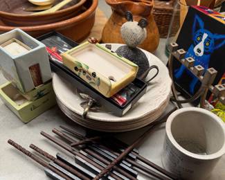 Asian Tableware Assortment; 2 cermaic Ramen Bachi bowls Large ceramic bowls (8-inch diameter, 40-oz capacity) top $75.00, bottom ceramic bowl $60 , Set of 4 wooden chopsticks and rest $50, wooden serving spoons & spatula set of 5 for $55.00,  White Chirirenge Japanese ceramic soup spoon $12, 4 Small Kobachi Dinner plates Stoneware1990s olive branch design $80
