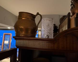 Antique Hammered Copper Pitcher $120 | Riihimäen lasi Nanny Still clear Grapponia vase $90.00