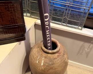 Large, antique-style Martaban storage vase, historically used throughout Southeast Asia for transporting and storing goods like water, oil, or grains, Height 18 – 22" Width (at widest point) 14 – 18" Opening Diameter 6 – 8"  $250