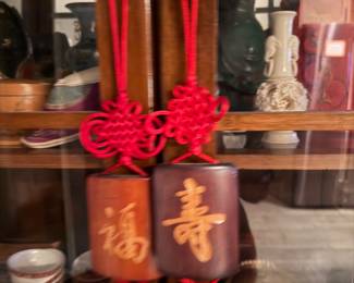 Lucky Knot Wooden Charms (Pair): Traditional Chinese "Good Luck" pendants featuring carved bamboo or wood plaques $40 each