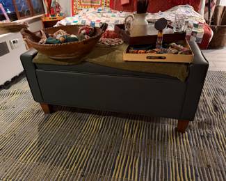 Faux leather storage ottoman bench w/ olive green top cover, Apprx. 42"- 51" W, 16"- 18" W, Condition: Like new, $Price $300, comparable to brands such as, Simpli Home, Threshold, Christopher knight Home, Price: $300