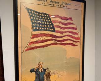 Chicago Sunday Tribune patriotic print, “At Your Service”, January 11, 1942 (WWII-era American flag illustration), professionally framed, vintage copy $200