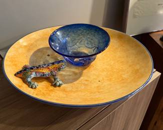 Large Ceramic Plate $40 | Small Blue Glass bowl $35