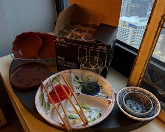 Crate and Barrel Italy Vegetable 13" Divided Serving Platter Tray Dish Server  $35 | Chopsticks $30 | Burnt Orange Stoneware Divided Serving Bowl  $35 | Ceramic Rice Bowl set of 2 $30 