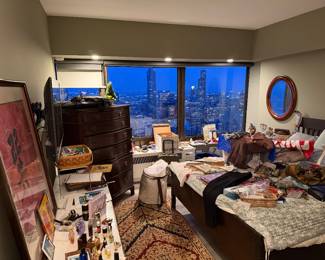 Bedroom filled with menswear, womenswear, vintage purses- longchamp- COACH- MORE! rugs, political pins, furniture, bedding, and MORE