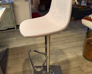 Modern Adjustable Grey Upholstered Bar Stool, grey linen fabric, 360° Swivel, Hydraulic Lift Square Base  $250