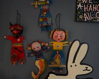 Mexican folk art coconut dolls, one-of-a-kind work of art, typically handcrafted in regions like Guerrero, Mexico, hand-painted,  folk characters, including mermaids (Sirenas), devils (Diablos), and traditional dancers. $60.00 each 