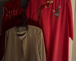 Red traditional Chinese Qipao, eatures a signature mandarin collar, asymmetrical frog closures at the neck, and intricate floral embroidery $110, Red Sequined Top $85,  Beige Layered Blouse/Jacket $95 