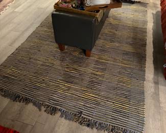 Yellow, Olive Green, and Navy Blue hand woven cotton flatweave rug, popular eco-friendly choice, Approx. 5' x 8', Price: $500
