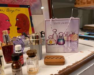 Collectible Vintage Sample sized Fragrances and beauty product items including full, partial, and decorative empty bottles with original boxes or vanity displays,  Hermès Equipage $40,  Red bottle w/ gold trim Fragrance: Rouge Hermès (Vintage Original Formula) $185 .Estée Lauder (Precious Collections) $50, Lancôme Magie Noire $50, Luxury Atomizers/Empty Decor $40 each 